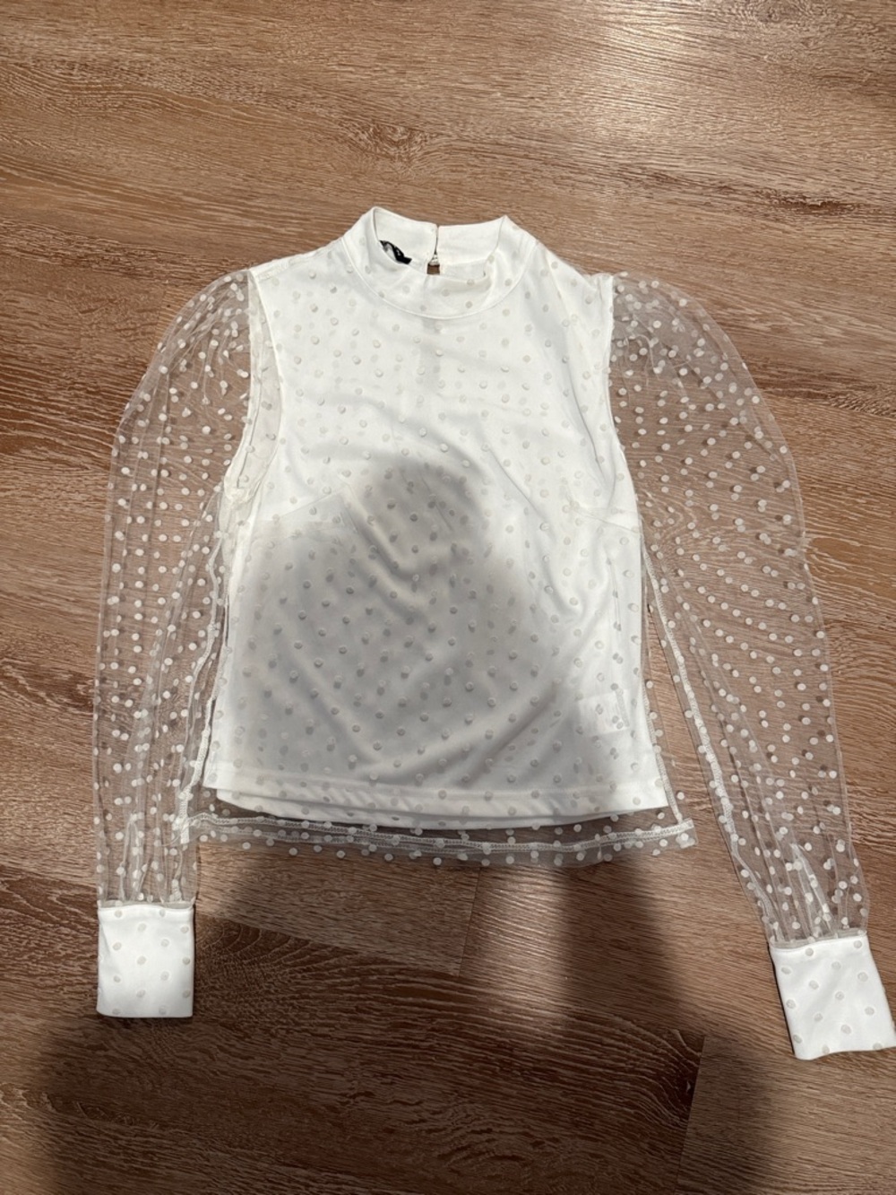 Parisian Works White Polka Dot Mesh Sleeve Mock Neck Top